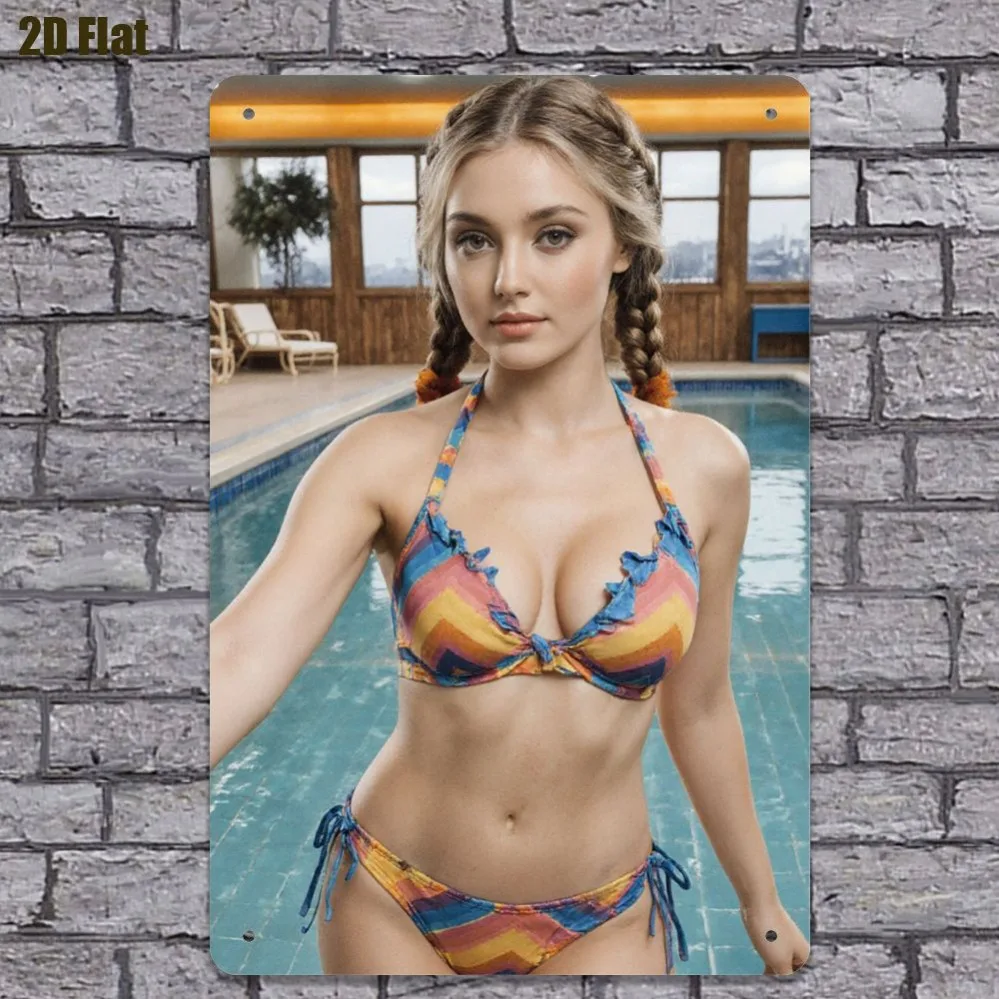 Arte de pared de metal de playa vintage - Chica trenzada rubia en decoración junto a la piscina de bikini en zigzag, impresión de aluminio duradera para Livi interior y exterior