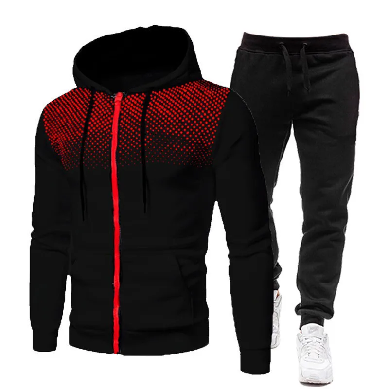 Set sportivo da uomo autunno e inverno Outdoor Fashion Running abbigliamento da allenamento Wave Dot Printed Zipper Hoodie Set a due pezzi