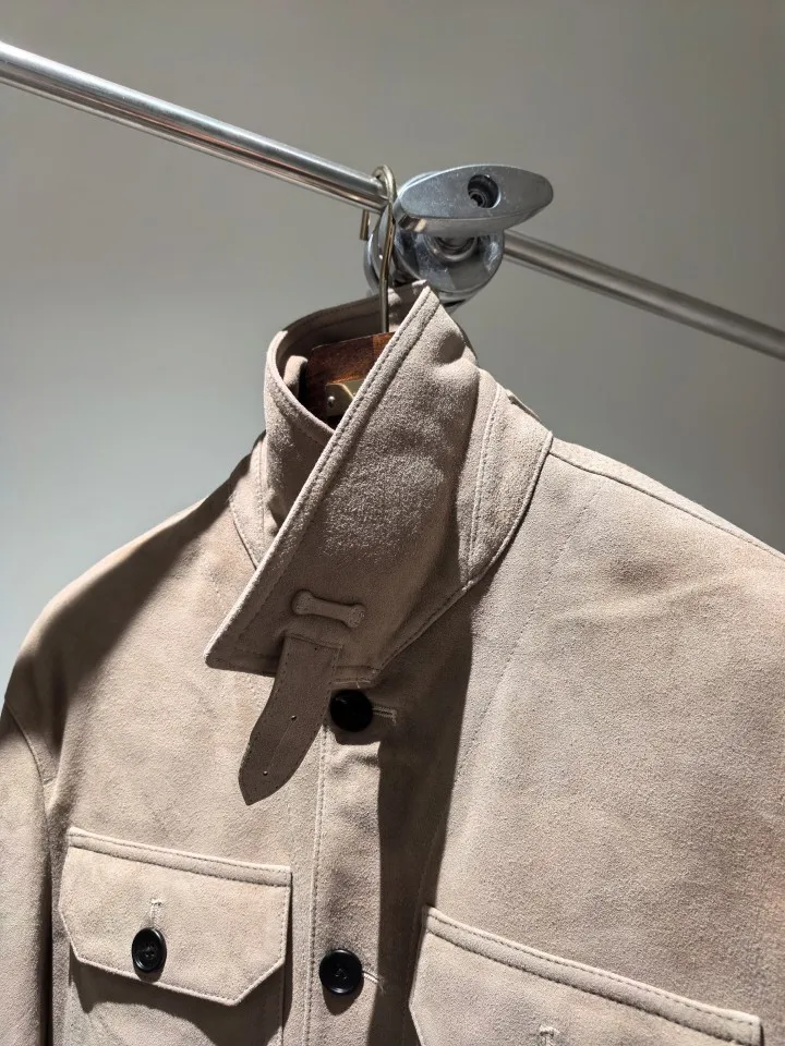 TF Men Lamb Leather Jacket 2026 Autumn Winter Turn Down Collar Button Front Big Pocket Unlined Warm Coat