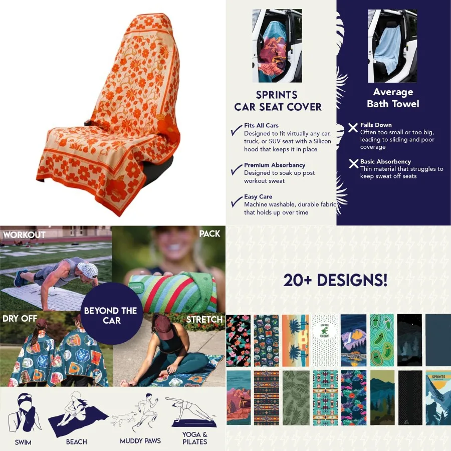 

Athletic Running Towel, Full-Sized, Car Seat Cover - Performance Microfiber (Adobe Echo),Each towel is 62.5” X 32”and features a 10” x 32” pocket at the top to fit over a car seat headrest, beach chair or yoga mat.