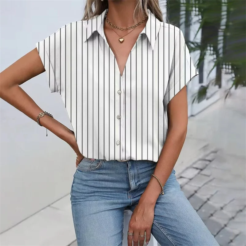 Daily Casual Women\'s Shirt Classic Black Line Print Shirts & Blouses Women\'s Summer Clothes Short Sleeve Button Front Shirt Tops