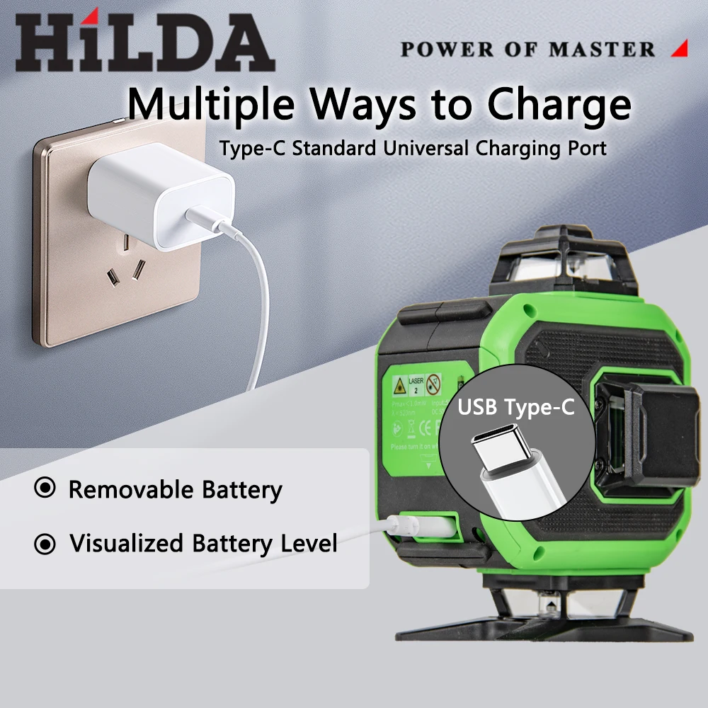 HILDA 16 Linee 4D Mini Livello Laser Linea Verde Autolivellante 360 ° Livella laser verde orizzontale e verticale con USB di tipo C