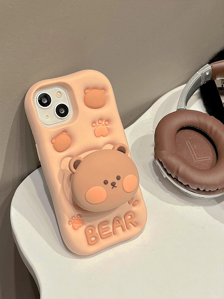 Lovely 3D Bear Hidden Holder Stand Silicone Phone Case For iPhone 11 12 13 14 15 Pro Max XS XR X 7 8 Plus Cute Girl Cover