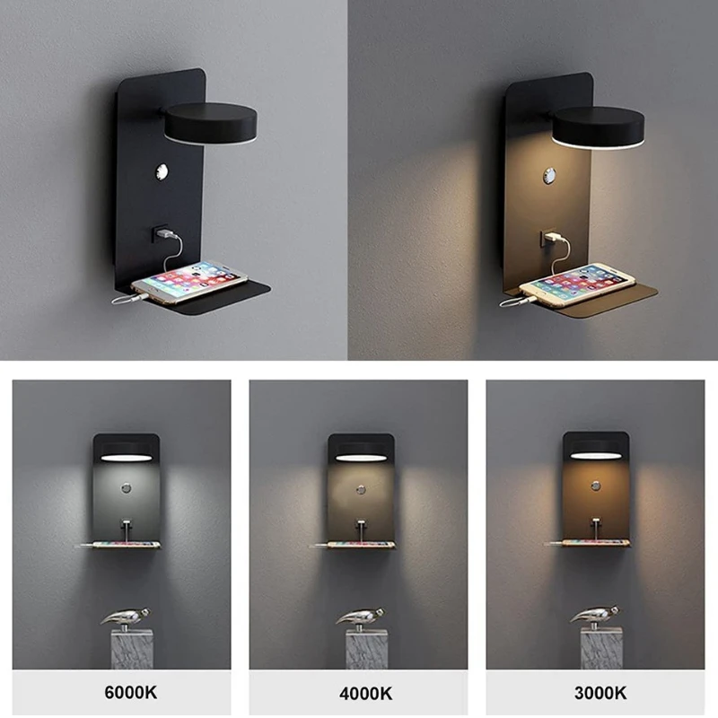 

3-Color USB Wall Lamp for Bedroom, Dimmable LED Night Light with Charger, Modern Touch Sconce for Living Room