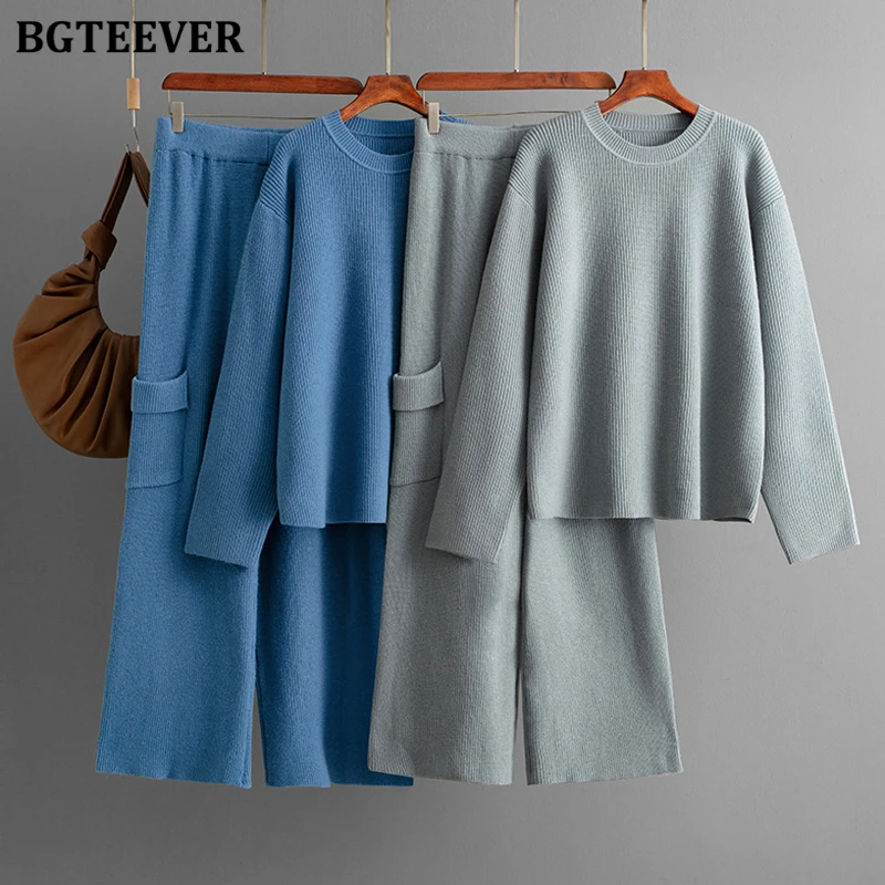 

BGTEEVER Winter Loose Female Sweaters Set O-neck Pullovers Jumpers & Straight Trousers Ladies Knitted Outfits
