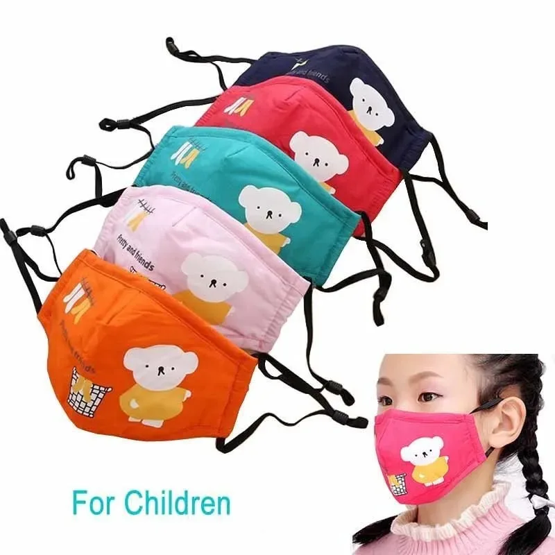 Cartoon Bear Cotton Face Mask PM2.5 Dust Protection with Activated Carbon Filter Windproof Reusable Mouth Cover Kids 3-10 Years