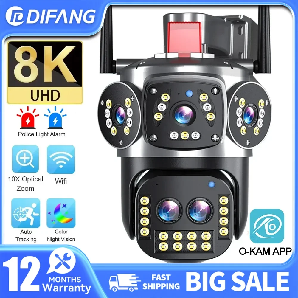 DIFANG 8K WIFI กล้องกลางแจ้ง 10X Optical Zoom HD การติดตามอัตโนมัติสี่เลนส์สามหน้าจอ 15MP กล้องรักษาความปลอดภัยกันน้ํากล้องวงจรปิด