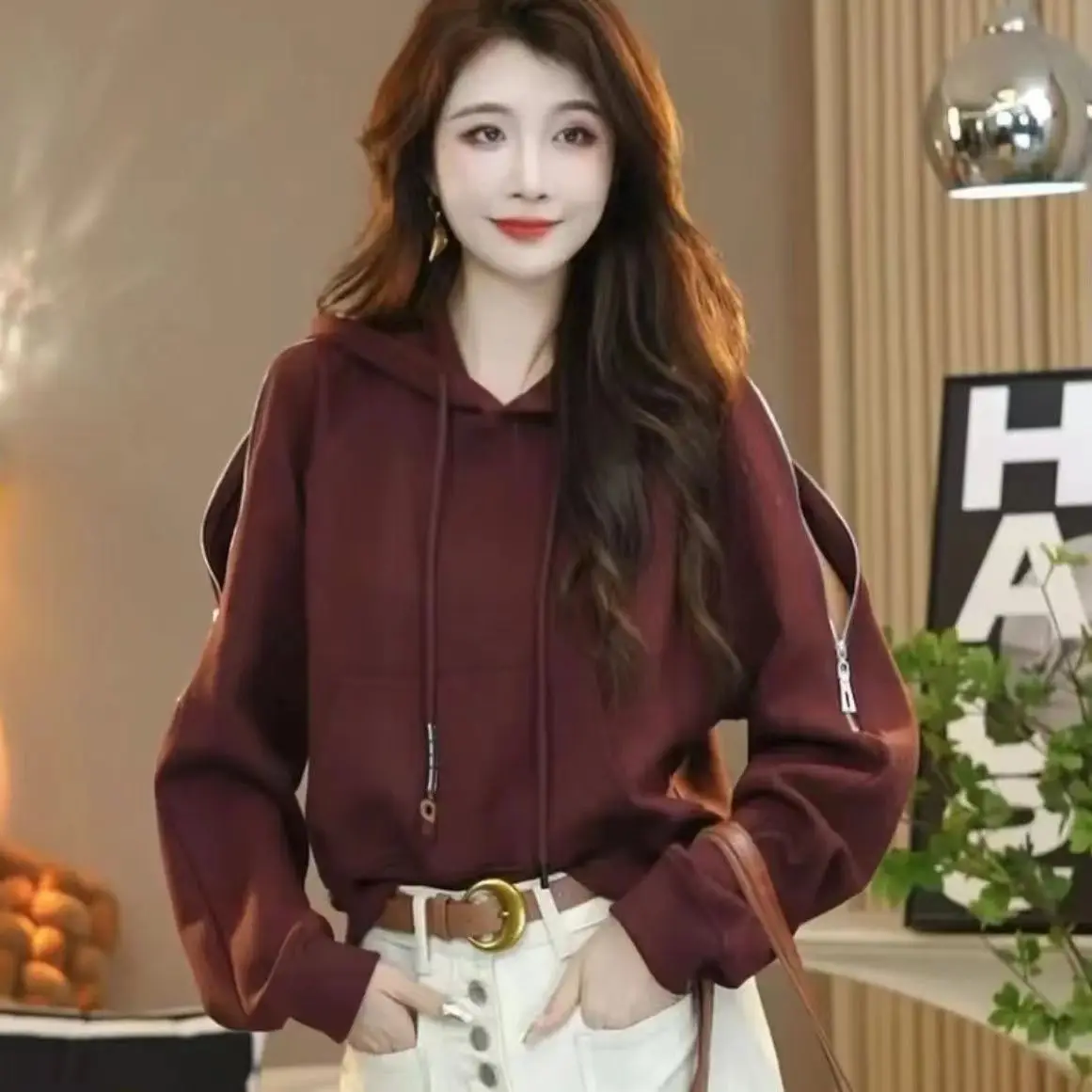 Sudaderas con capucha para mujer, ropa bonita con Base corta, mangas para adolescentes, cintura cortada Irregular, adelgazante, longitud corta, elástica, sin tapa