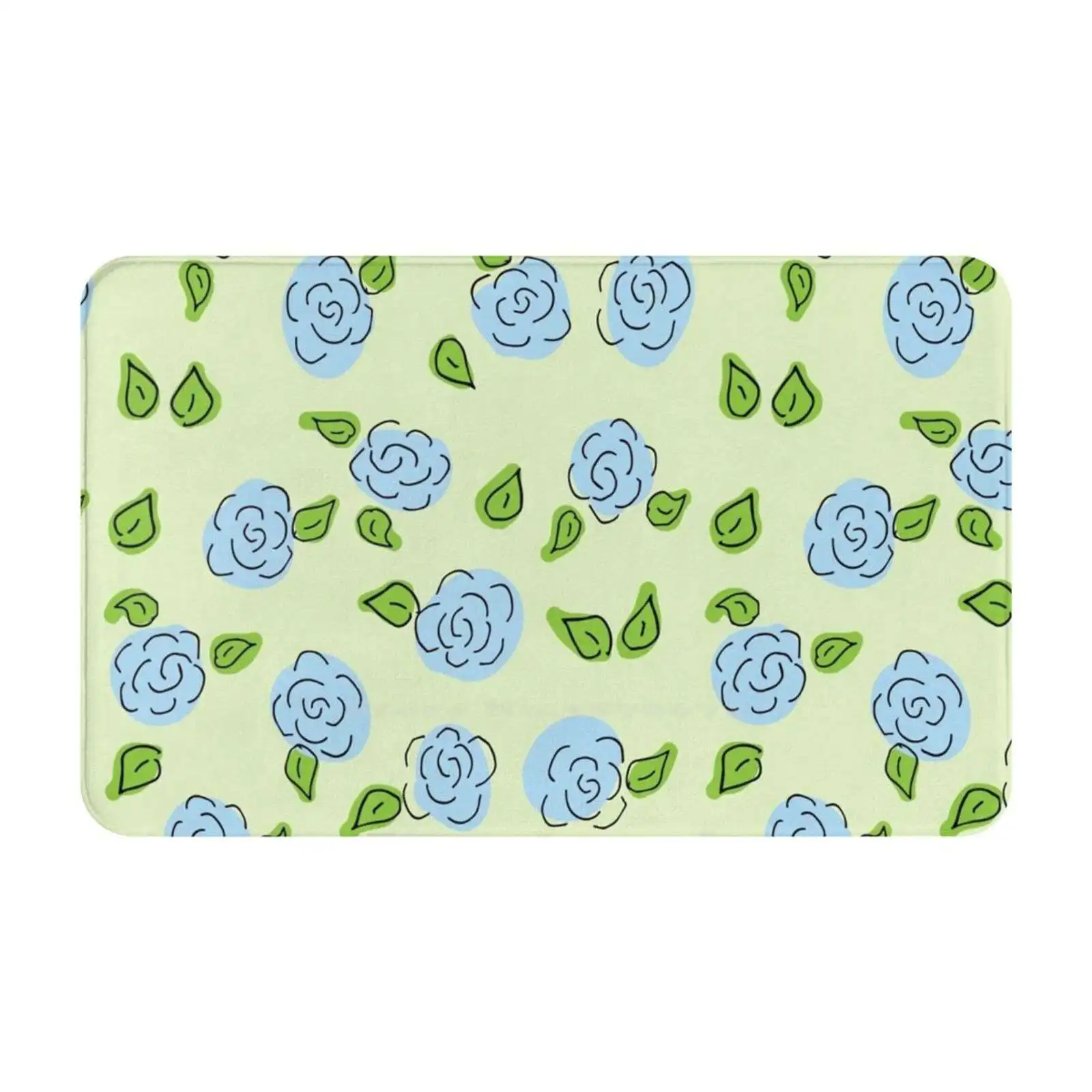 Open Blue Flowers On Pale Green Soft Cushion Car Home Carpet Door Mat Flowers Floral Roses Blue Green