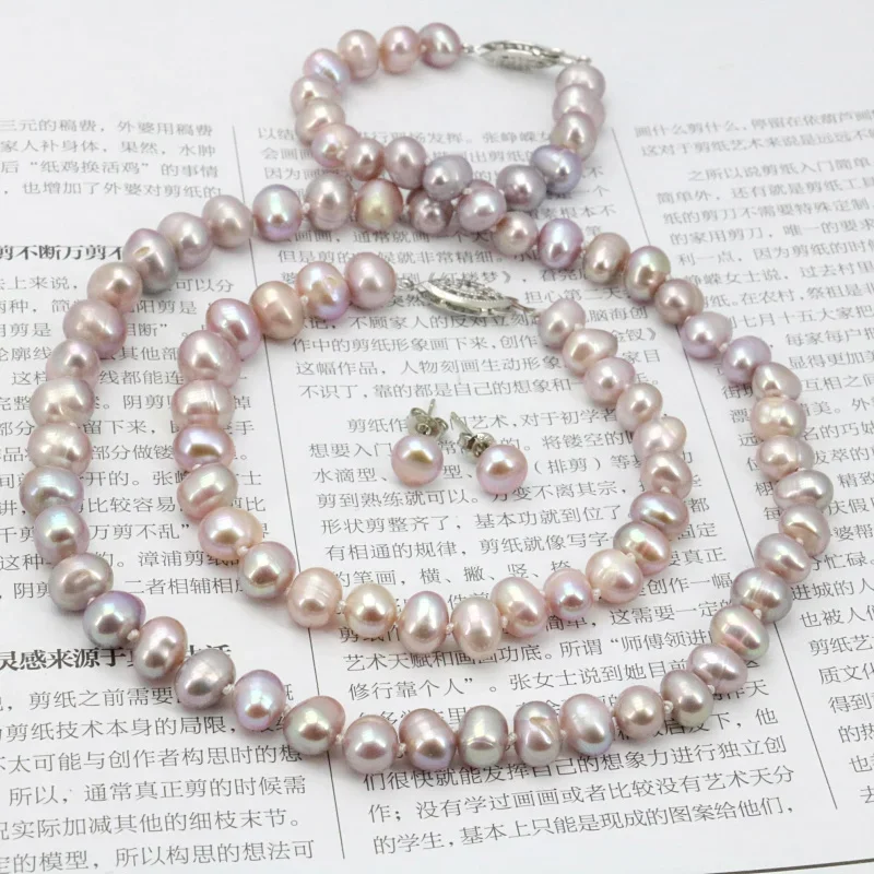 Purpel Pearl Necklace Sets Fish Clasp 7-8mm Necklace 18 Inch Bracelet 7.5 Inch Earring Women Jewelry Making Design