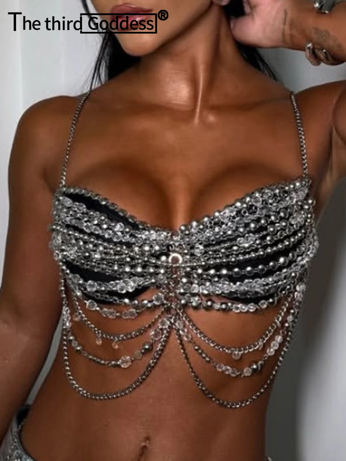 Sexy Metal Rhinestone Corset Crop Top Women Summer See Through Halter Tank Top Woman Clothing Hotwife Cropped Club Party Tops HL