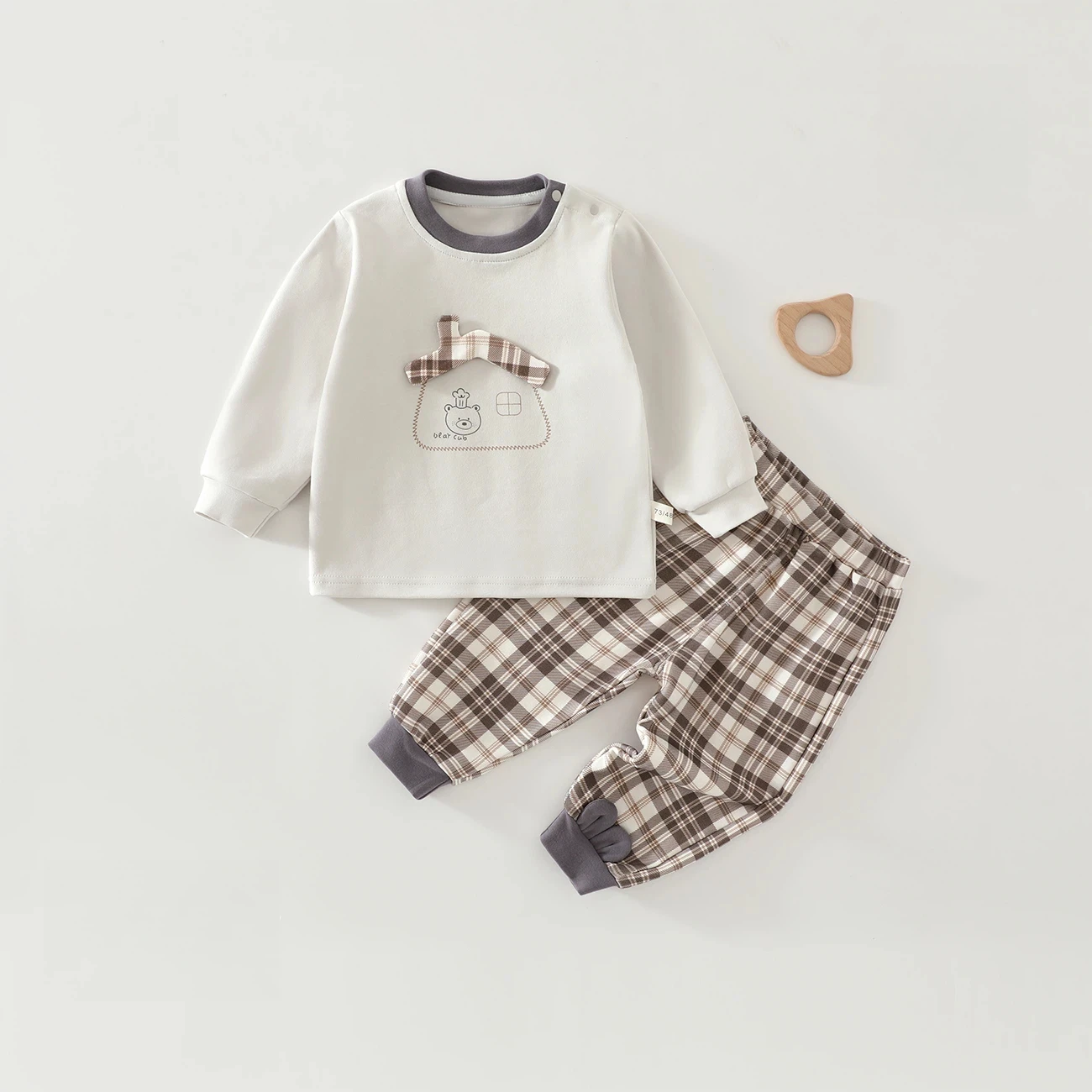 Little Bear Plaid Long Sleeve Set Class a Pure Cotton Baby Autumn Homewear Soft and Breathable Two-Piece Set for Infants and Toddlers