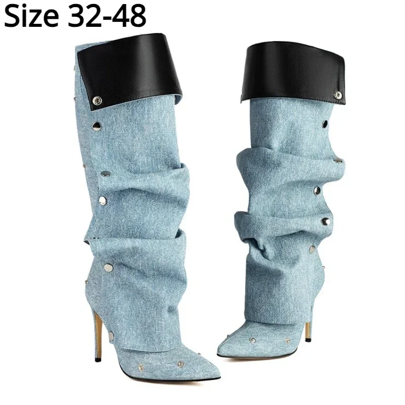 

Wrinkled Metal Buttons Spliced Disassemble Knee Boots Fashion Show Folding High Barrel Boots 32-48 Auto Show Model Fashion Boot