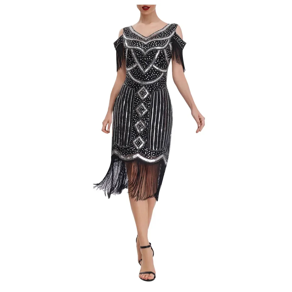 

Vintage Womens 1920s Flapper Dress Vintage Long Fringe Dress Roaring 20s Sequins Beaded Dress Halter Long Evening Gown Outfits