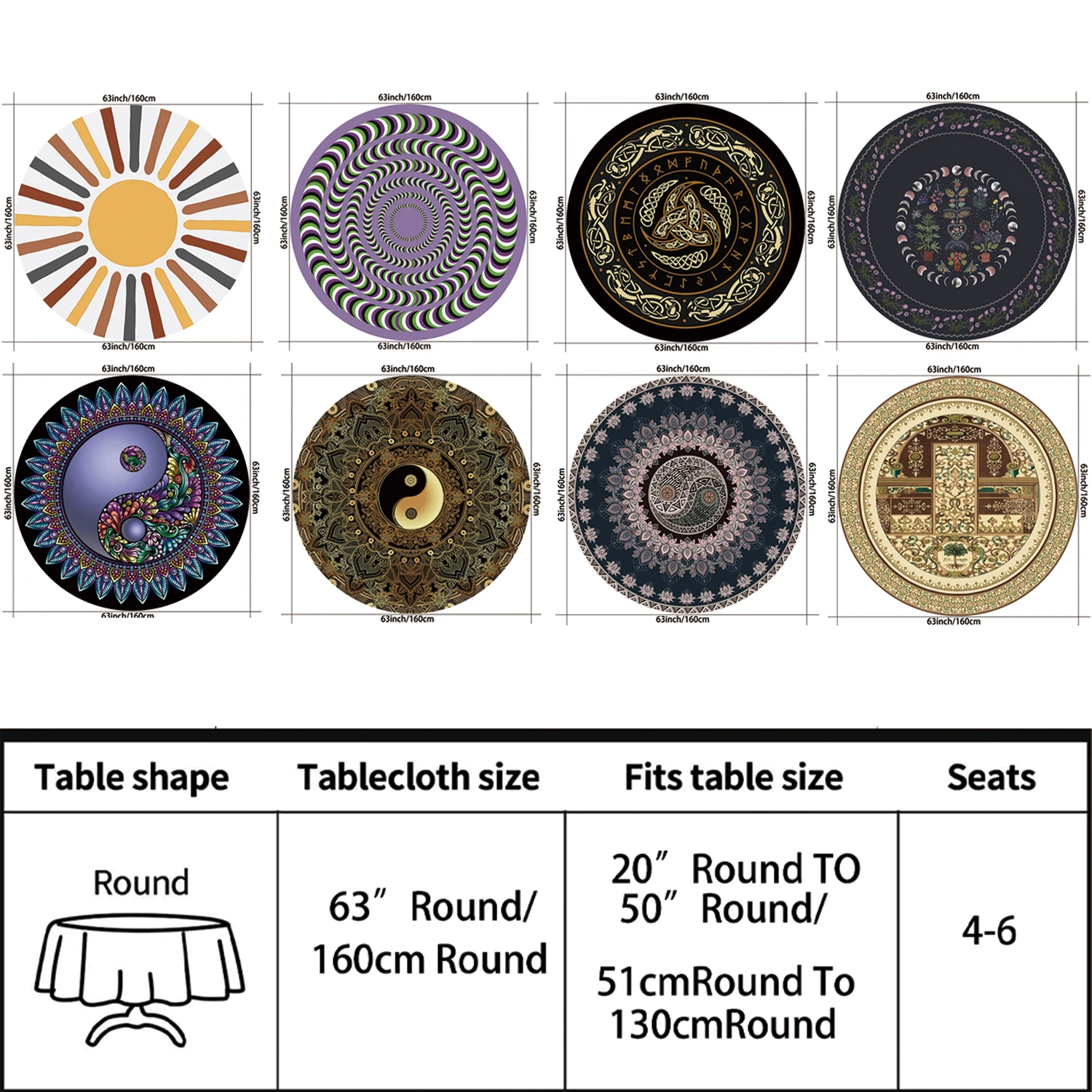 1 piece of Yin Yang Tai Chi Circular Tablecloth Waterproof Color Terrace Dining Table Cover Bohemia 63 inch Tablecloth