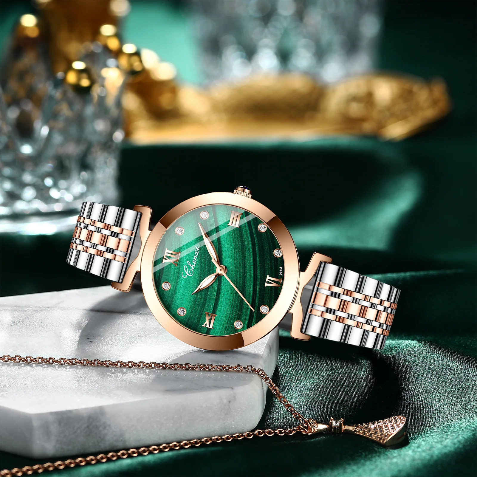 Popular Small Square Watch Women's Leather Fashion Waterproof Malachite Pattern Watch Women's Ins Wind Small Green Watch
