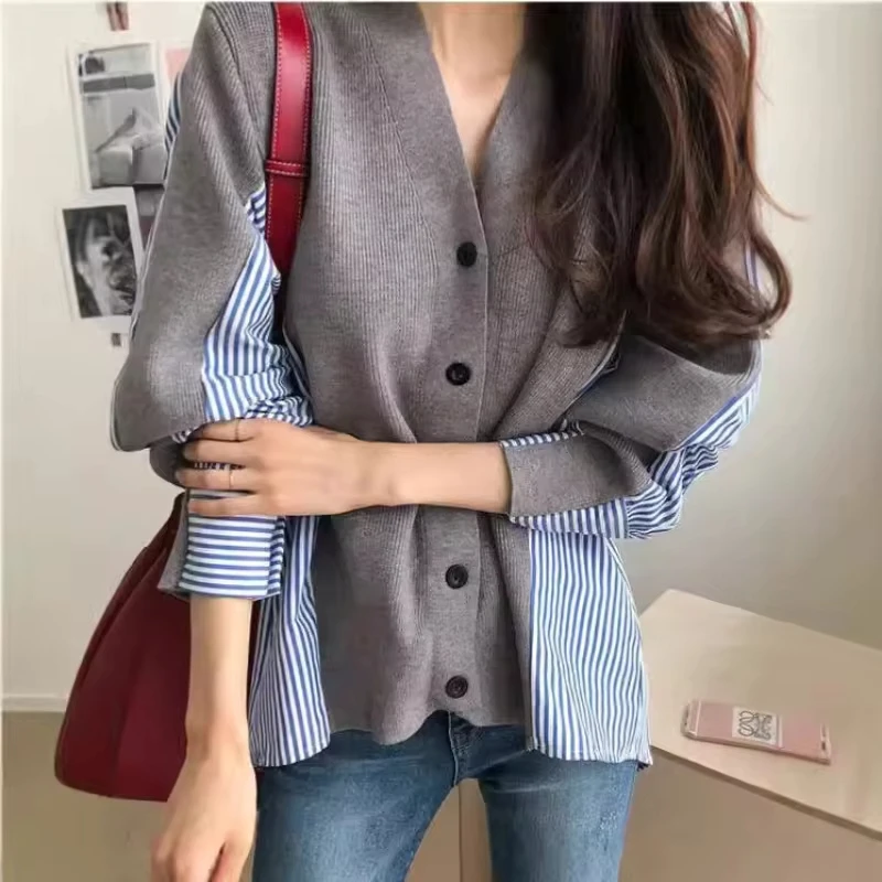 Autumn Winter Korean Style Niche Temperament Color Blocking Striped Loose V Neck Long Sleeve Knit Cardigan Coat for Women