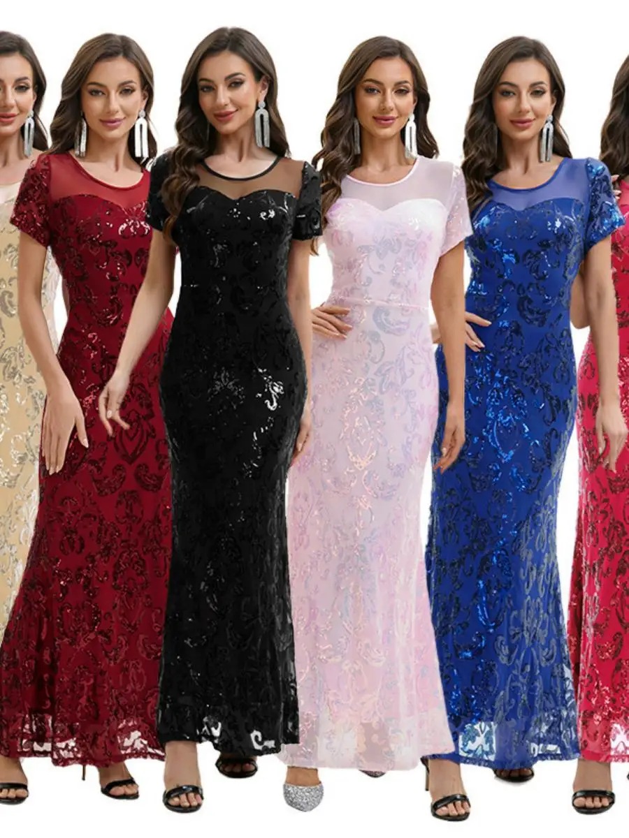 

Retro 920s Sequin Skirt Ball Dinner Long Evening Gown Women's Sle iny Sequin Evening Dr Polyester Material