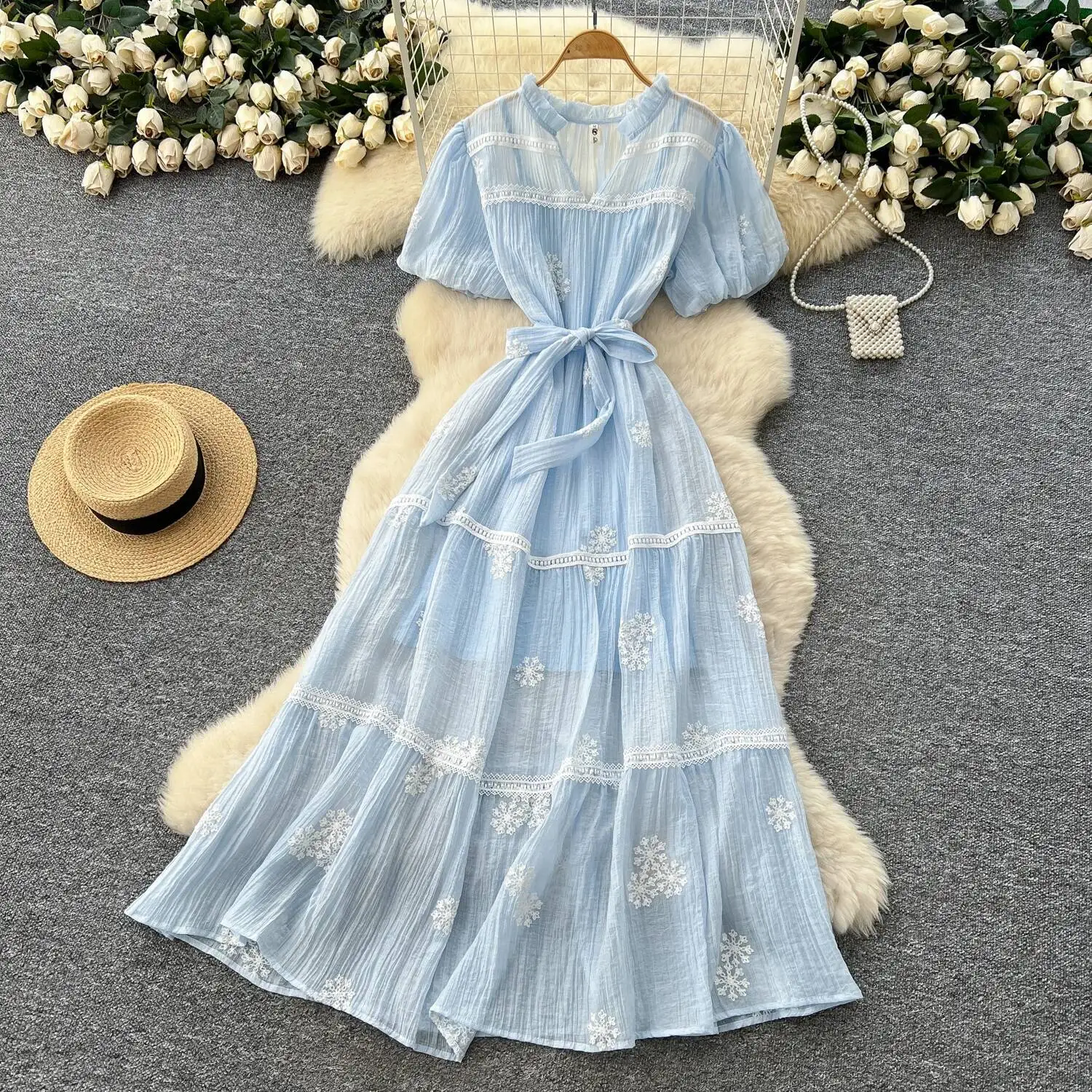 Chic vintage scollo a V maglia ricamata sottile elegante fata moda coreana Boho vestito estivo abbigliamento donna Abito lungo