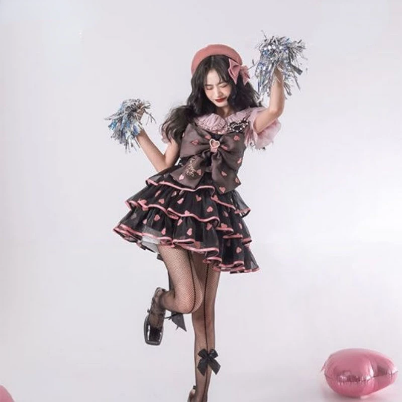 Coalfell-Vestidos Lolita victorianos japoneses para mujer, Tops sin mangas con lazo de encaje, falda de pastel de amor escalonada, conjuntos de Lolita dulces Kawaii