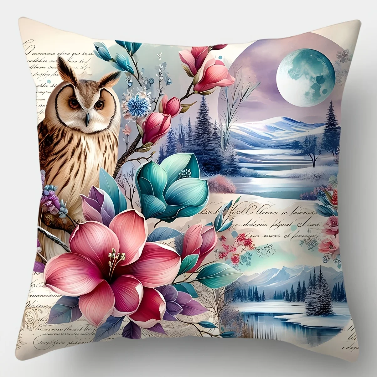 4pcs Natural Style Owl Floral Print Pillow Covers Lake Mountain Landscape Pattern Decorative Cushion Cases for Living