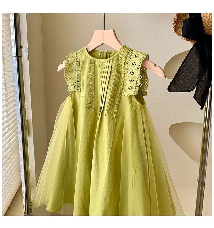 Kid Girl Light Green Sleeveless Dress Lace Cutwork Trim on The Shoulders Neckline Pleated Bodice Flowing Tulle Children Skirt