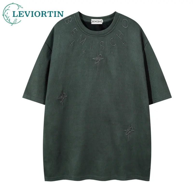 Summer Couple Loose Leisure Fashion High Street Letter Embroidered Deer Skin Velvet Short sleeved Men's and Women's T-shirts