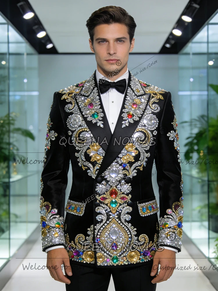 Exclusive Diamond Beaded Suits Men 2 Piece Sets Costume Homme Double Breasted Jacket Pants Customized Groom Formal Party Tuxedos