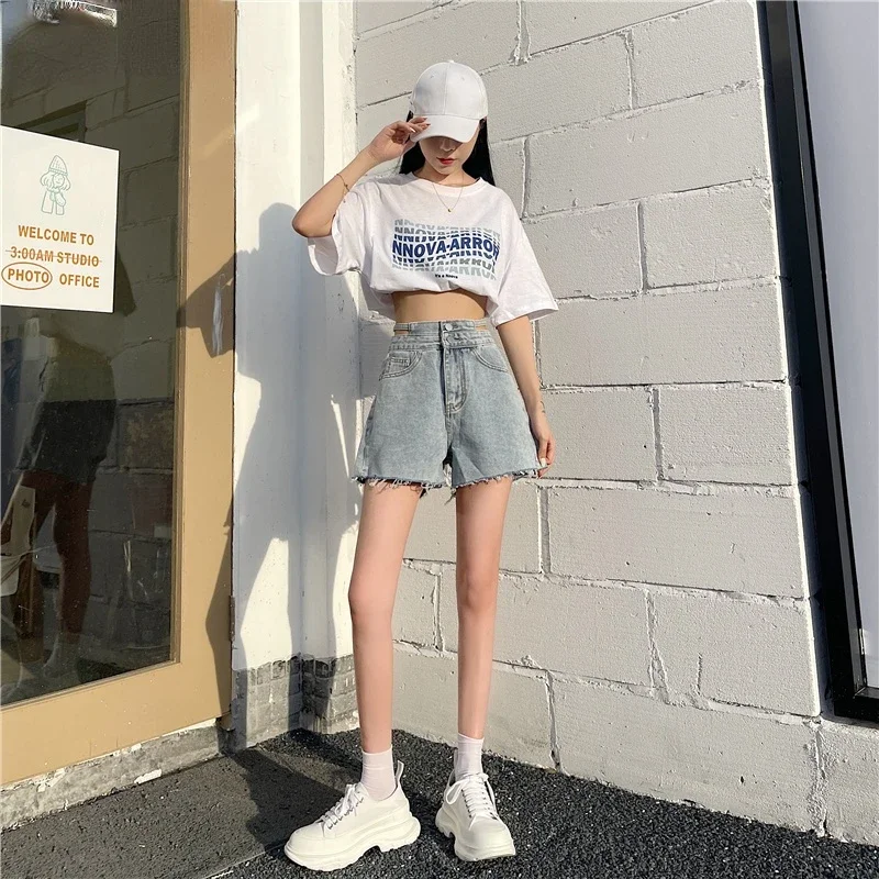 

Женские шорты с широкими штанинами, универсальные весенние однотонные винтажные шорты с высокой талией, модная свободная женская джинсовая нижняя одежда, Pantalones Cortos
