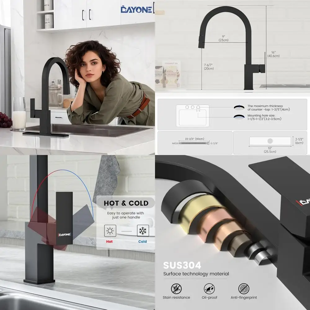 

Modern Matte Black Square Kitchen Faucet with Pull-Out Spray, Stainless Steel Single Handle for Contemporary Sink