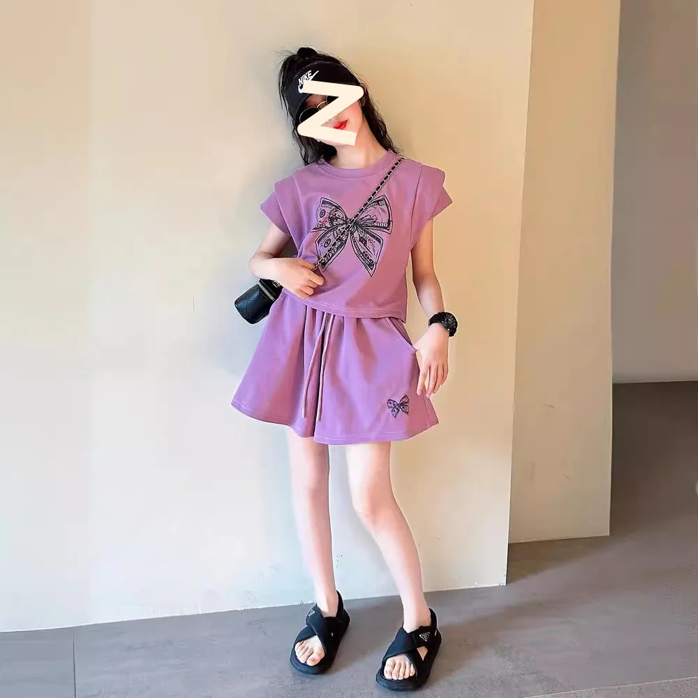

Girl's Thin Sports Suit Fashionable Printed T-shirt Lace Up Shorts Loose Casual Sports Two-piece Set 2025 Summer New Sportswear