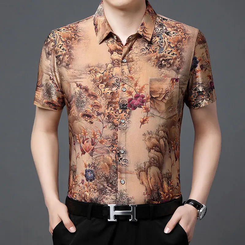 T Shirt for Men Spring Summer V-Neck Underlay Short Sleeve Printing Floral Pockets Button Casual Blouses Fashion Tops