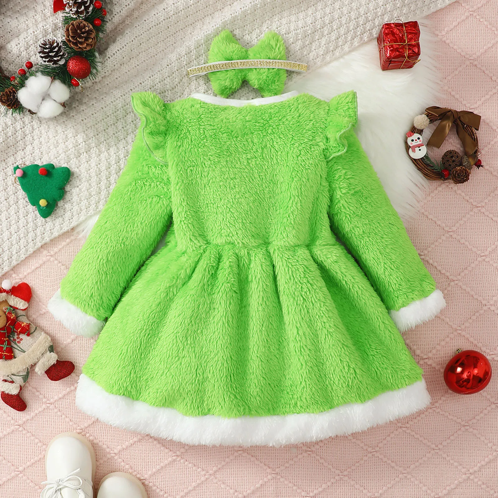 Toddler Baby Girls Christmas Dress Winter Warm Long Sleeve Round Neck Santa Embroider Cartoon Pattern Fleece Dress Bow Headband