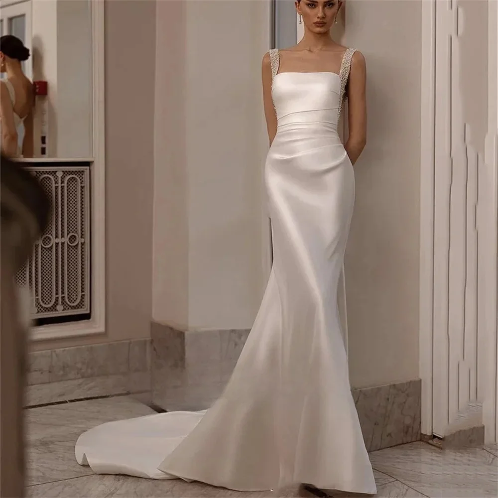 

Customized Mermaid Wedding Dresses V Neck Court Train Lace Satin Long Sleeve Illusion Bridal Gowns Robe Mariee