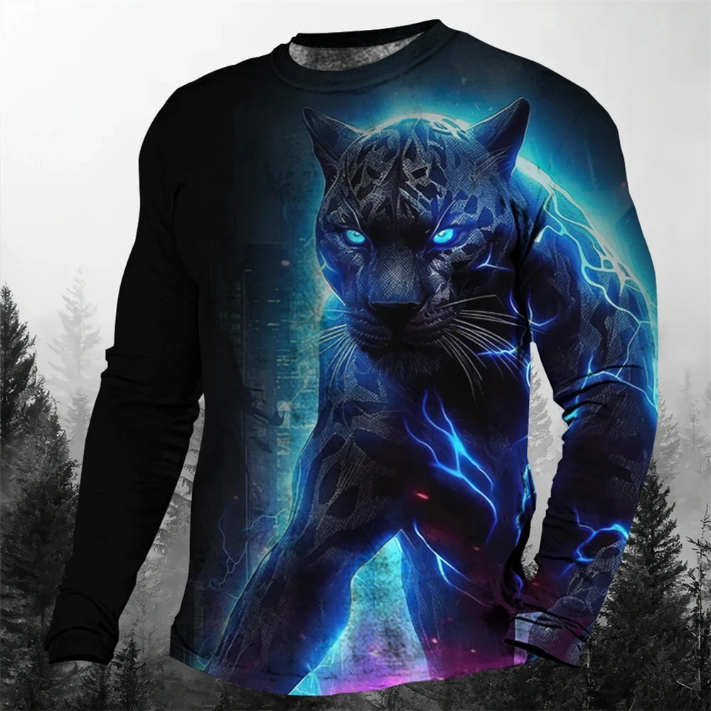 Fashion Men Shirt long sleeve men's round neck 3D lightning animal cheetah pattern printed men Casual Comfortable T-shirt tops