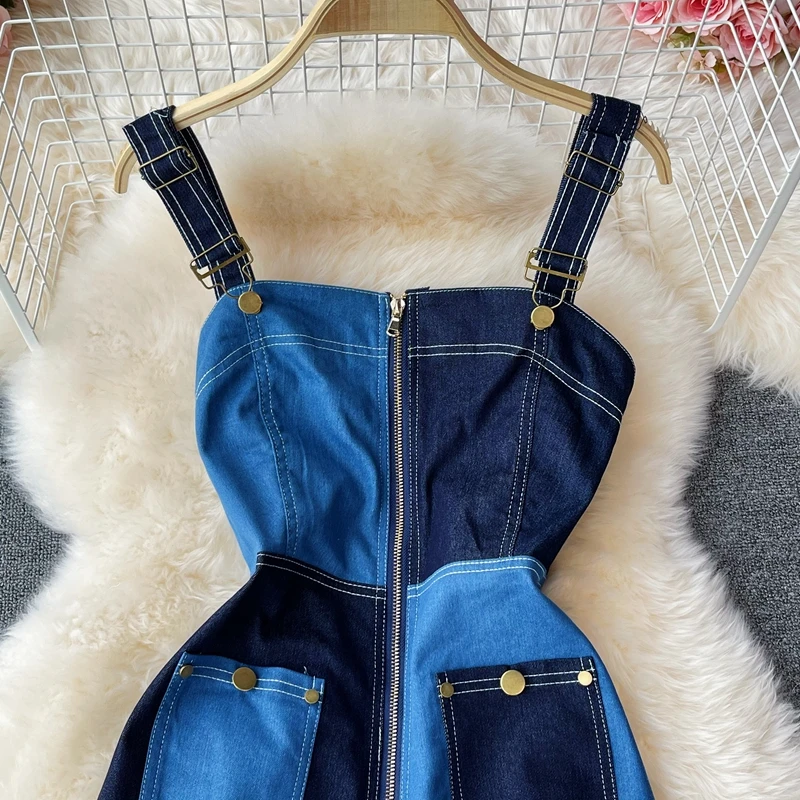 Frühling Sommer Frauen Denim Stram pler Kontrast farben breite Beine Träger Jeans Hosen Reiß verschlüsse Taschen Overalls Cowboy Gesamt hose