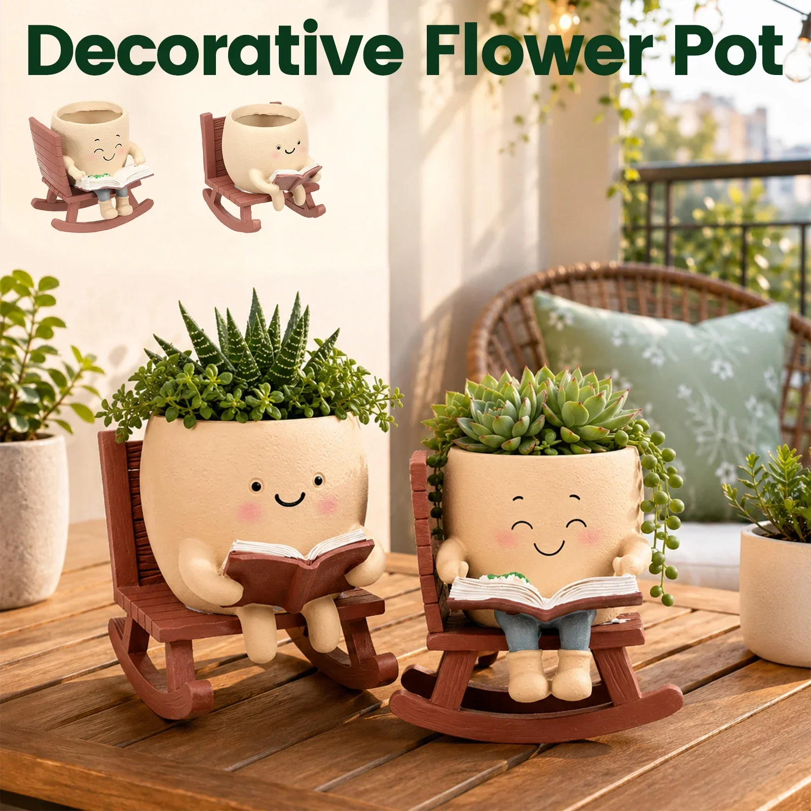Rocking Chair Smile Face Planter Swing Resin Succulent Pots with Drainage Hole Cute Garden Balcony Desktop Ornament Decoration