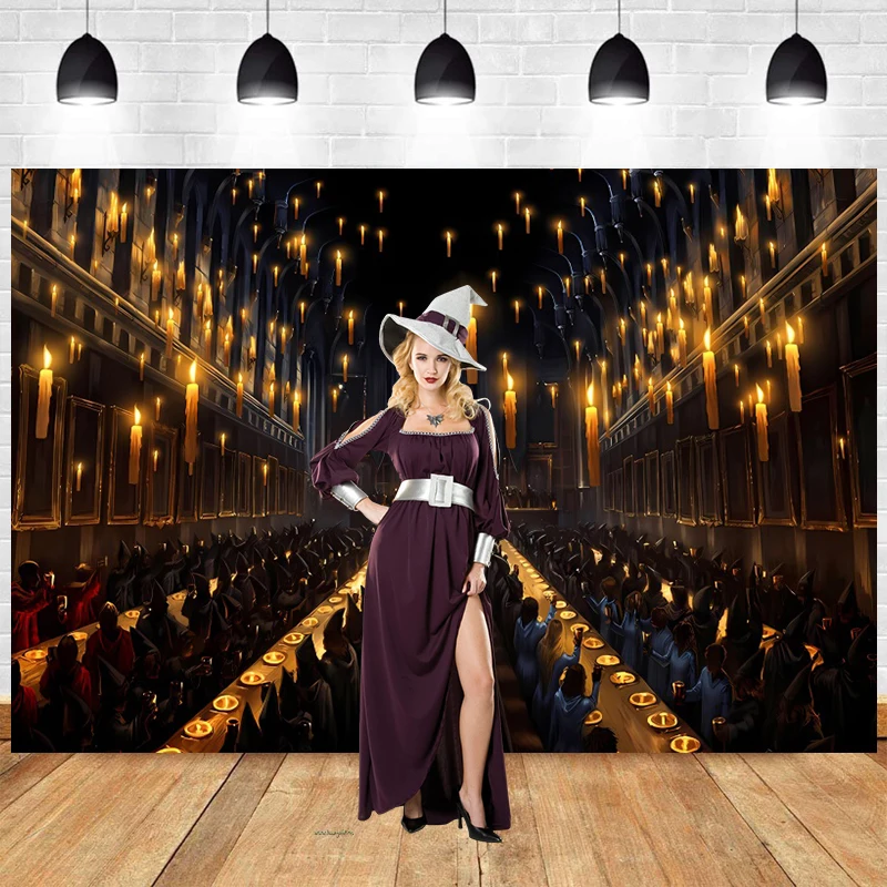 Hogwarts Great Hall Backdrop Witch Wizard Magic Movie Castle School Photo Background Magic Birthday Party Decoration for Kids