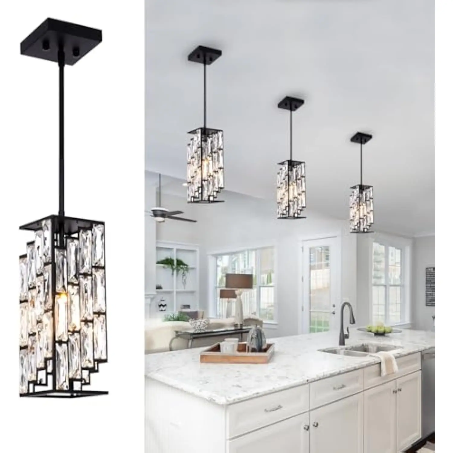

Crystal Pendant Lights Kitchen Island 3 Pack, Modern Black Chandelier Height Adjustable, Hanging Lights for Kitchen Island Dini