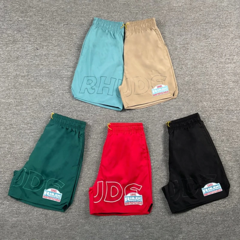 Fashion Multi‑color Beach Rhude Sports Shorts Elastic Waist Contrast Drawstring Patch Badge Men Loose Casual Pants