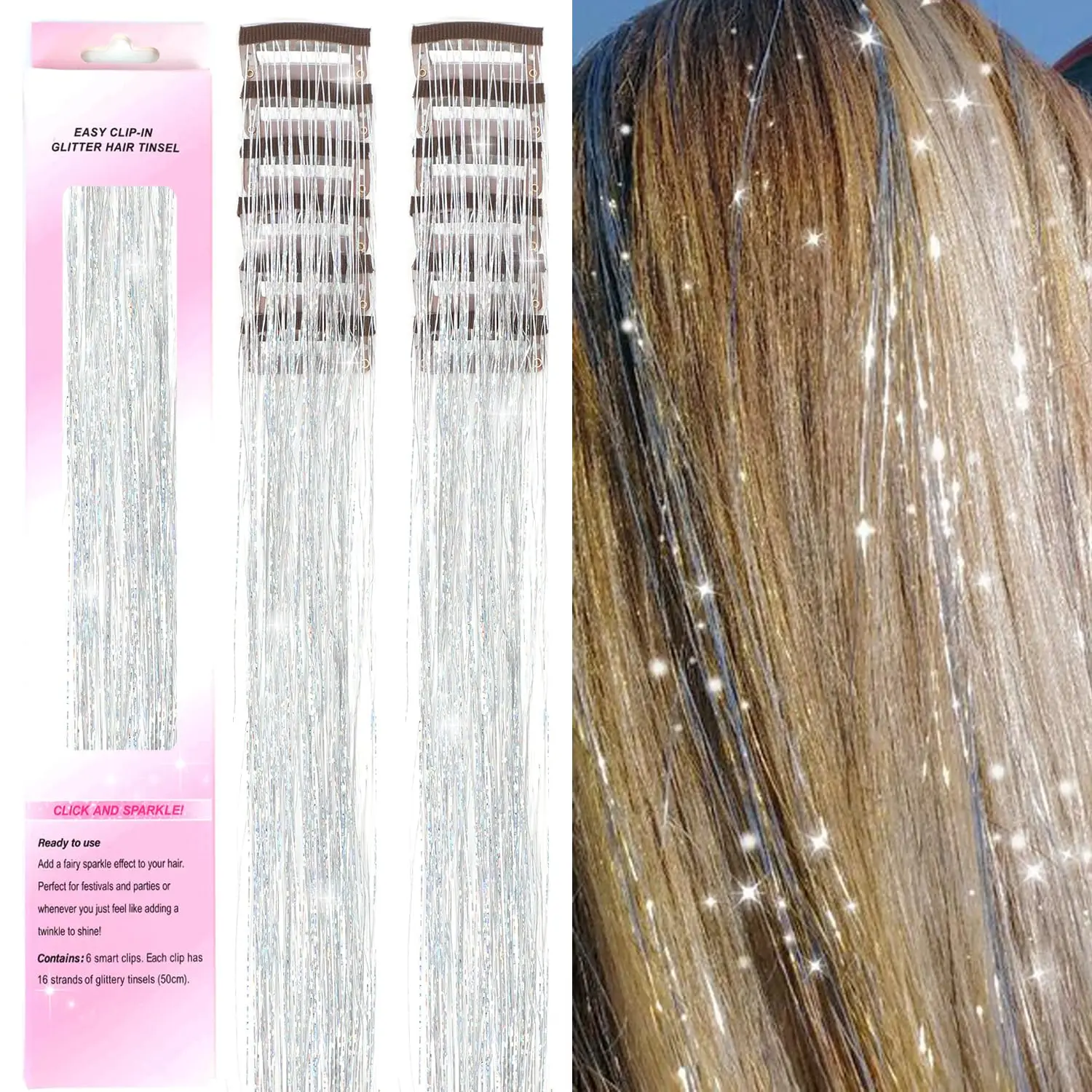 Clip in Hair Tinsel 12Pcs Heat Resistant Sparkly Glitter Fairy Hair Accessories for Girls Women Party Festival Decoration