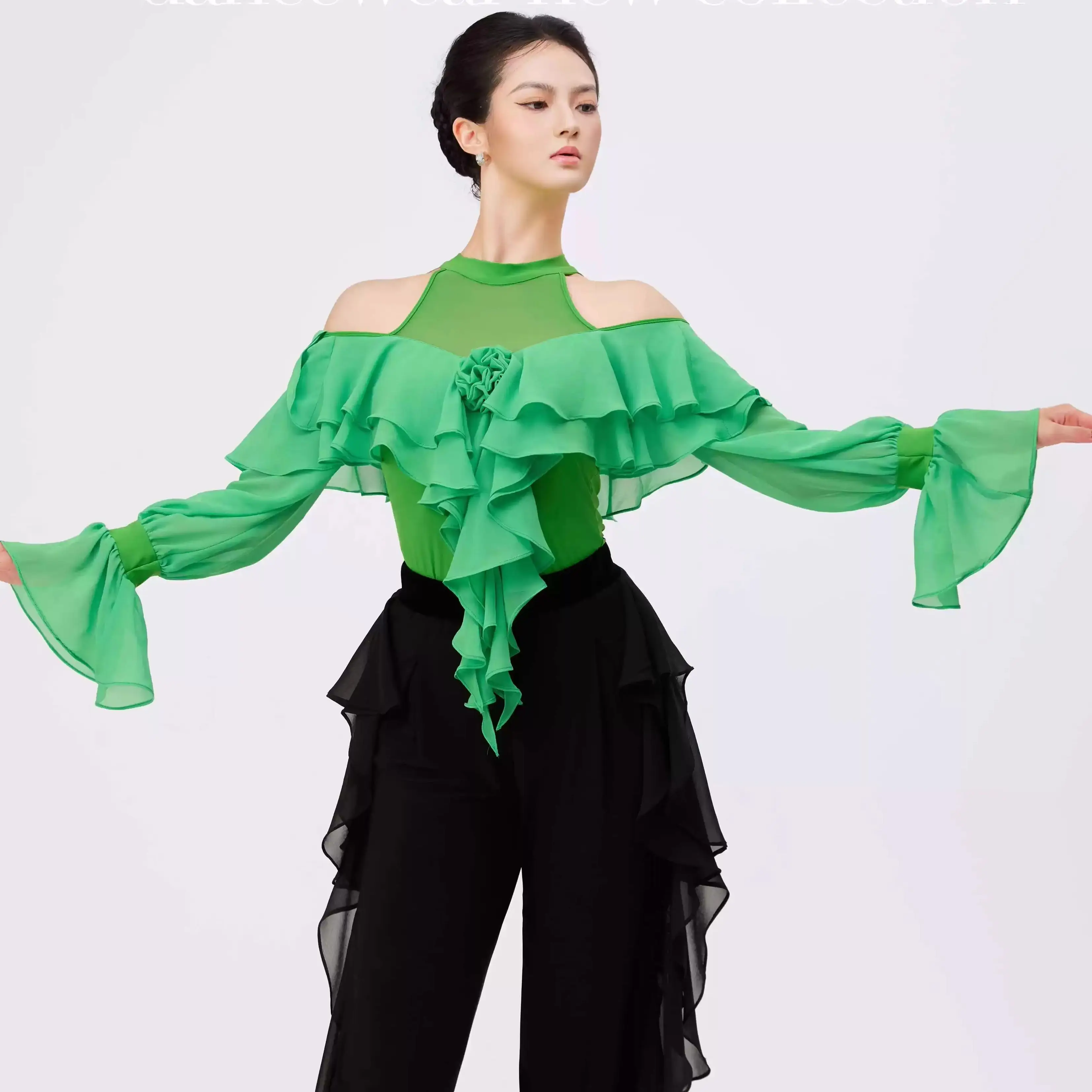 2025 女性オフショルダーメッシュジャンプスーツダンス衣装モダンダンス服チャチャタンゴラテン社交ダンス服 DN21915