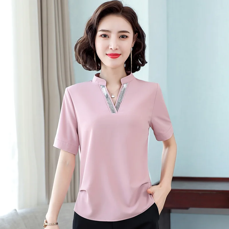 New Women'S Summer Simple Versatile Style V-Neck Chiffon Shirt Mom Fashion Commuter Short Sleeve Casual Loose Belly Cover Top