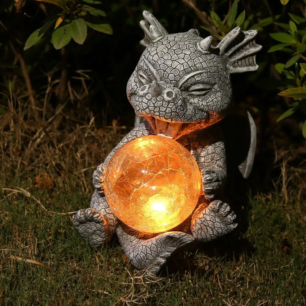 

Resin Solar Dragon Holding Lamp Cute Waterproof Animal Statue Lamp Creative Vivid Dinosaur Sculptures Light Living Room