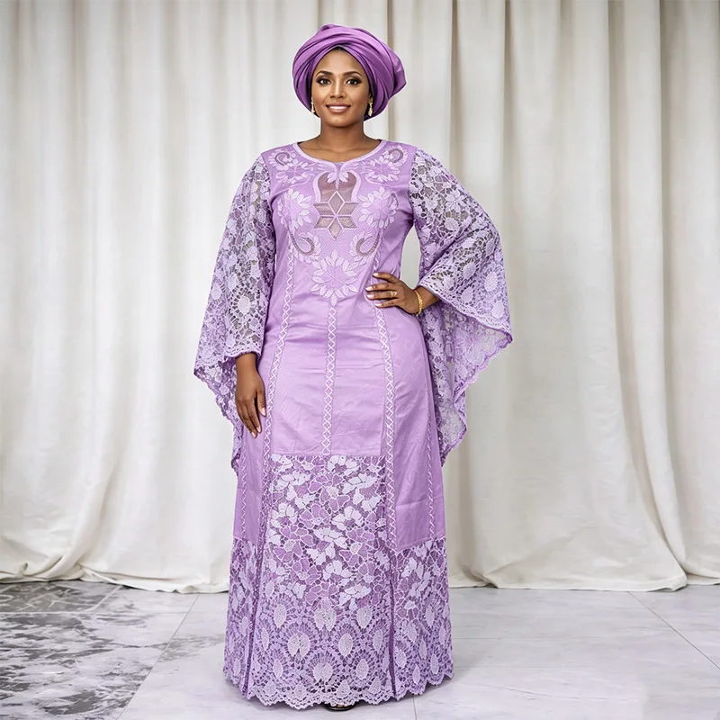 African Plus Size Dress with Headscarf Evening Party Women's Embroidered Lace Patchwork Dashiki Ankara Turkey Outfits Robe