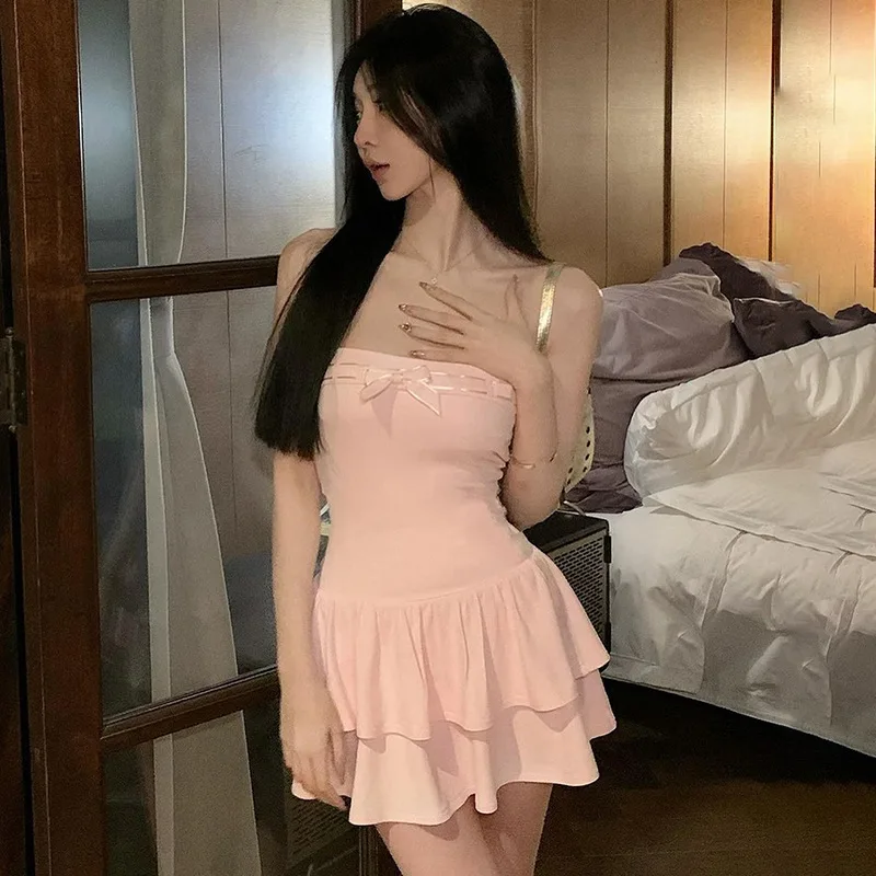 

Pink A-Line Dress Women Sweet Summer New Fashion Bow Sleeveless Sexy Strapless Bodycon Dresses Streetwear Club Lady Party Dress