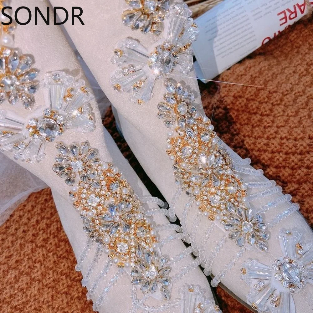 Womens Pointed Toe Rhinestones Diamond Pearls Tassels DIY Bling Knee Thigh Boots Block Heel Shoes X-mas Gift Sweet Girls Luxury