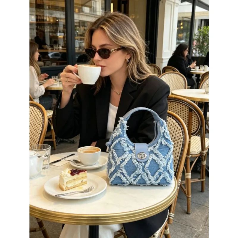 

Women Denim Underarm Bag Lattice Tassel Design Casual Crossbody Shoulder Handbag