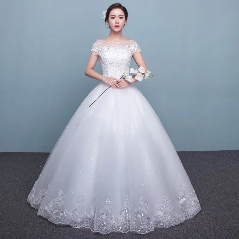 Customized Cheap Korean Plus Size Wedding Dresses Ivory Tulle Lace Embroidery For Bridal Dress Beading Marriage Vestido De Novia