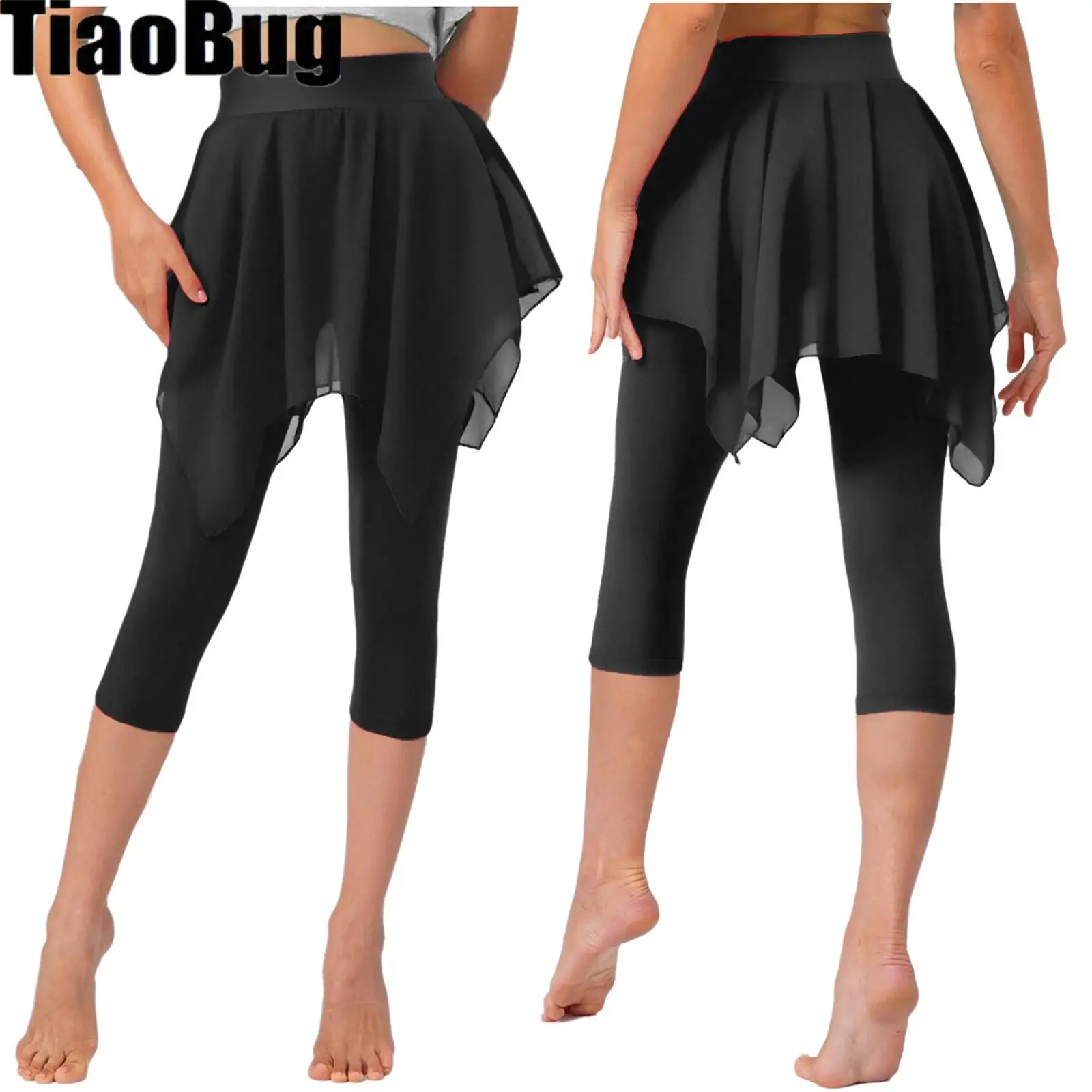 Dames Latin broek balletdansbroek hoge taille legging uit één stuk onregelmatige rok capribroek voor yoga fitness dans